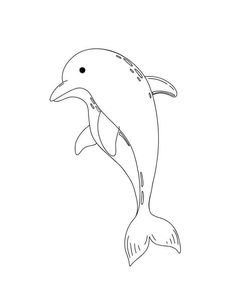 mignon dauphin contour dessiné à la main doodle illustration vectorielle de dessin animé, créature marine du monde sous-marin, clipart animal drôle vecteur
