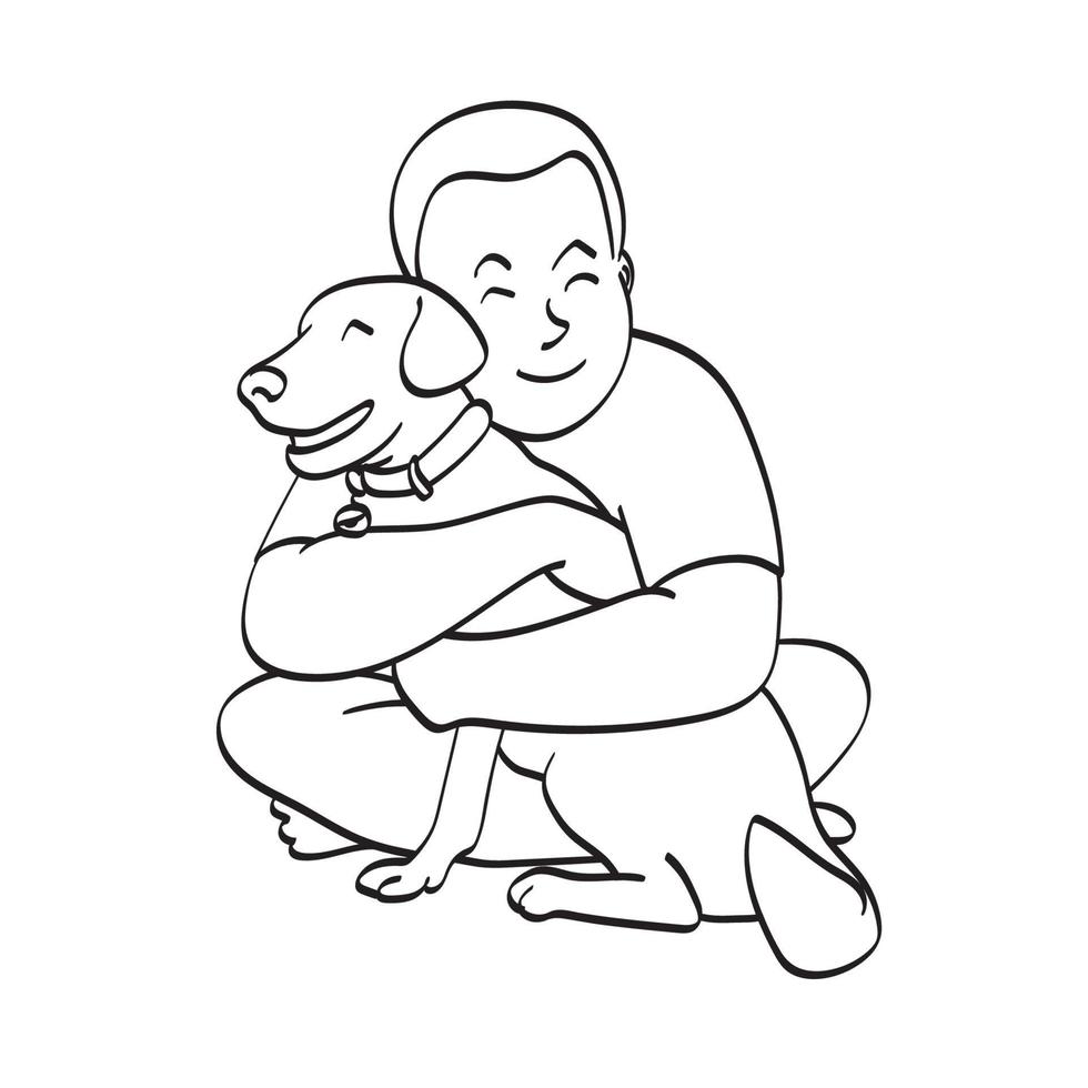 l'homme embrasse son chien illustration vecteur dessiné à la main isolé sur fond blanc dessin au trait.
