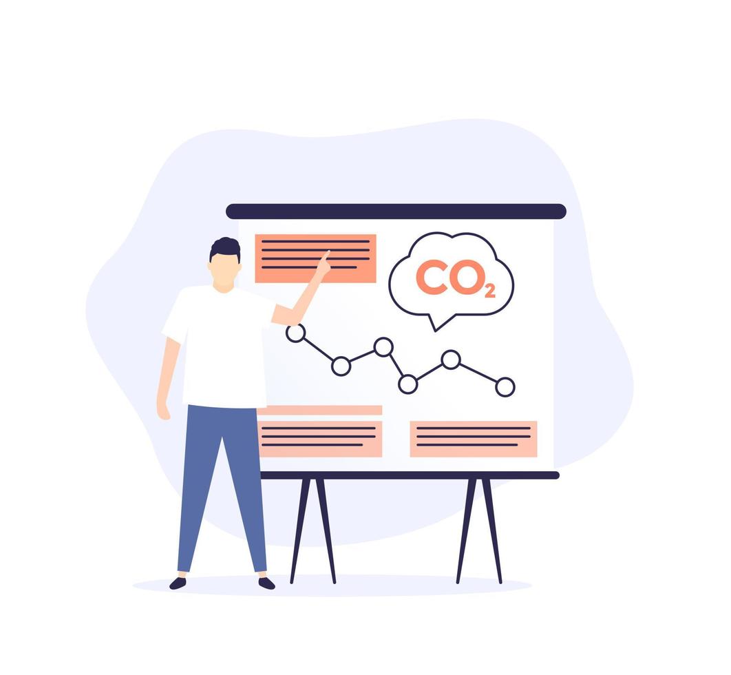 gaz co2, présentation de la réduction des émissions de carbone, homme montrant des données vecteur