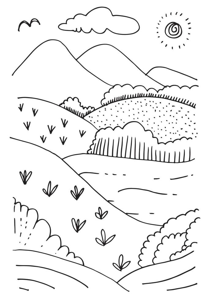 pré de dessin animé mignon avec montagnes, plantes, nuages et soleil. vecteur