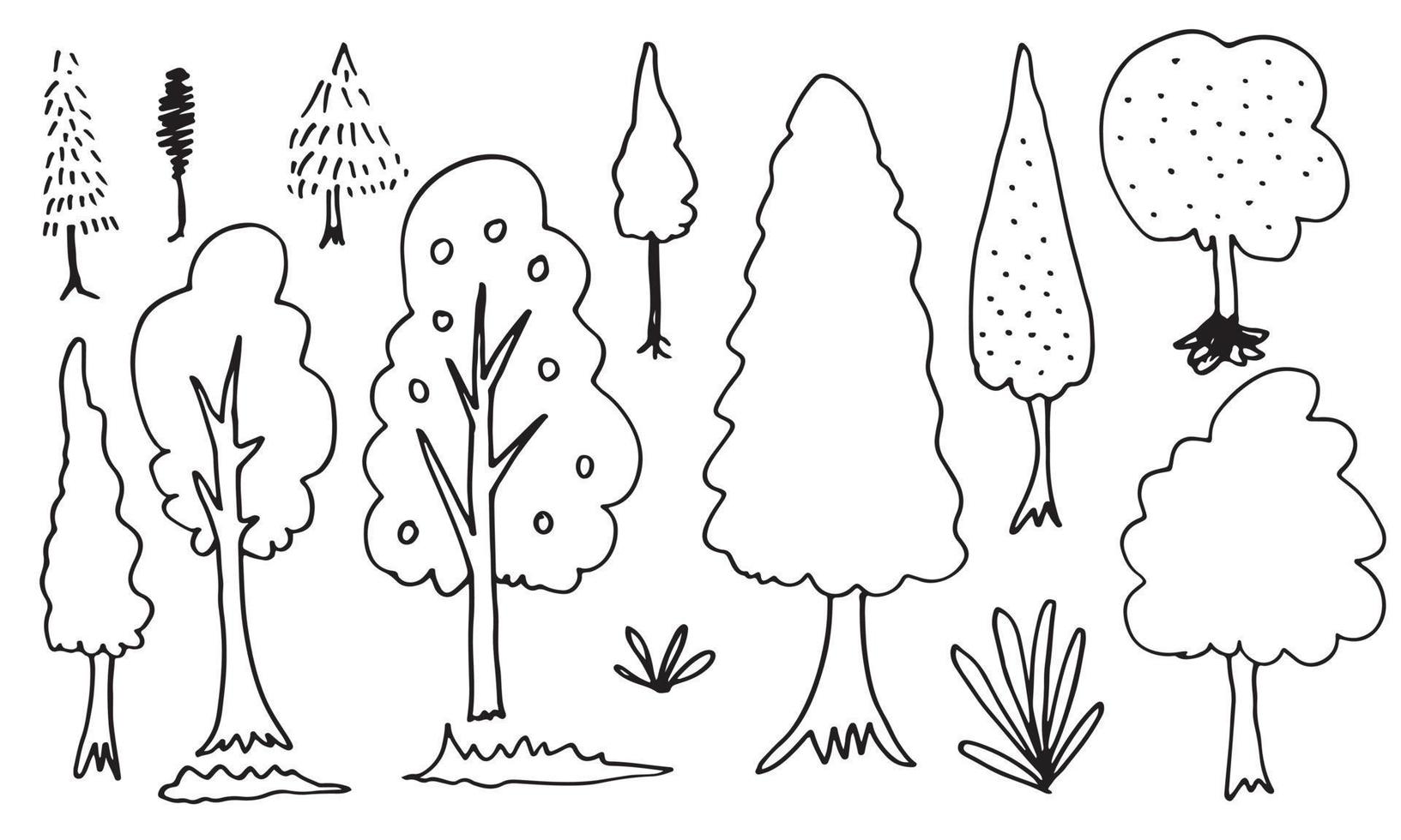 doodle park forêt conifères silhouettes abstraites décrites arbres dans l'ensemble de collection de couleur noire vecteur