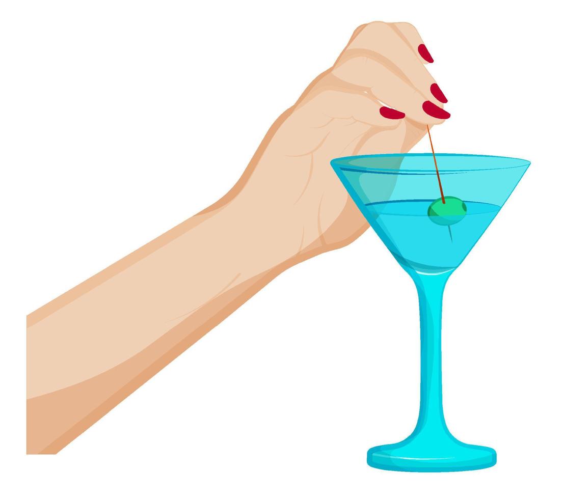 la main féminine plonge une brochette d'olive dans un verre à martini. cocktails, boissons alcoolisées, illustration au menu du café, restaurant. vecteur de dessin animé sur fond blanc