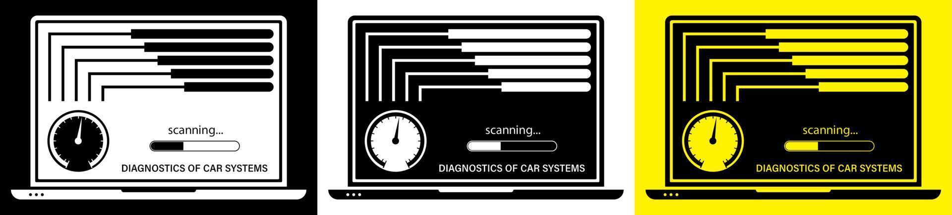 ordinateur portable vérifie que le véhicule fonctionne correctement. diagnostic informatique des systèmes automobiles avec des programmes spéciaux. service de voiture dans le centre de service. vecteur