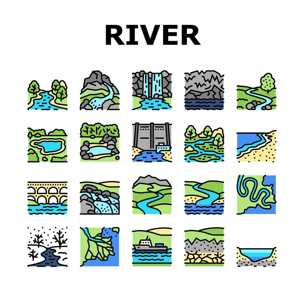 rivière et lac nature paysage icônes définies vecteur