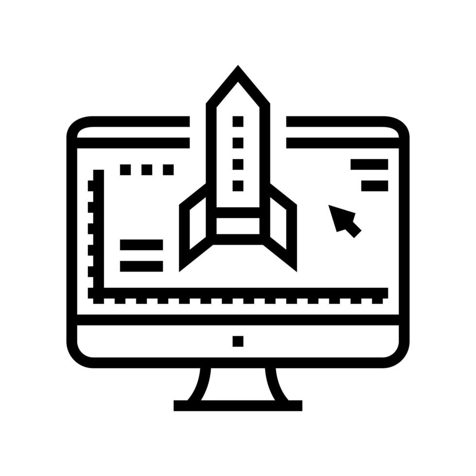 illustration vectorielle de l'icône de la ligne du programme informatique de modélisation de fusée vecteur