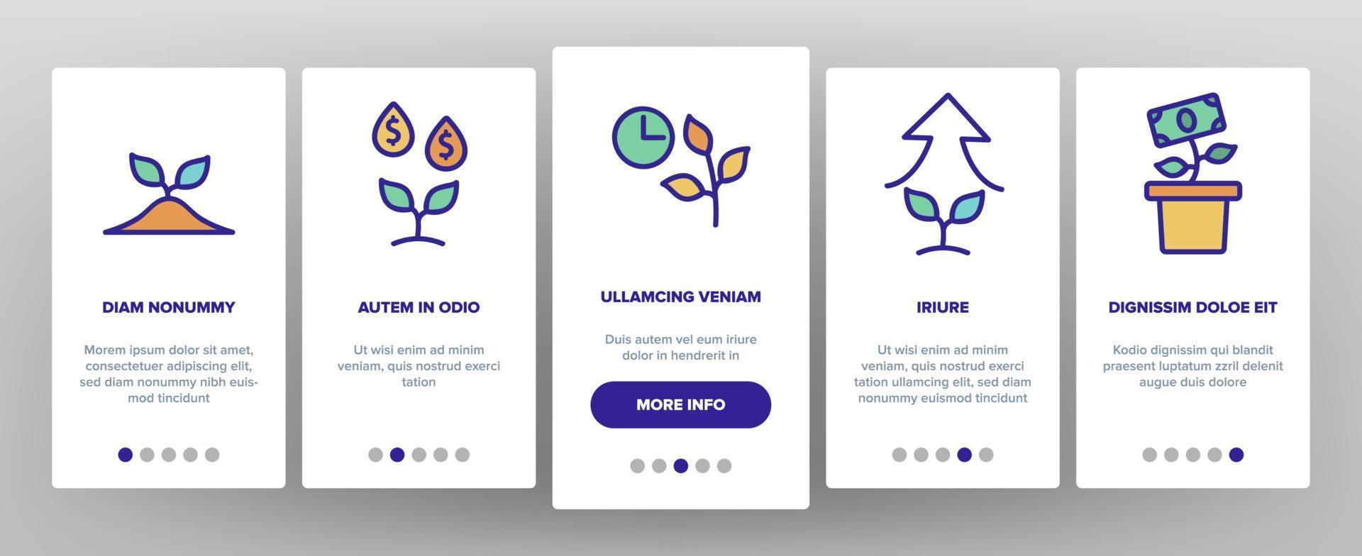 croissance de l'argent plante onboarding icons set vector