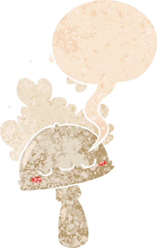 champignon de dessin animé avec nuage de spores et bulle de dialogue dans un style texturé rétro vecteur