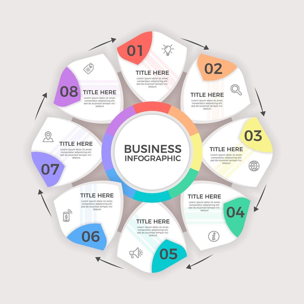 modèle d'infographie d'entreprise. options de conception de cercle ou étapes avec 8 chiffres vecteur