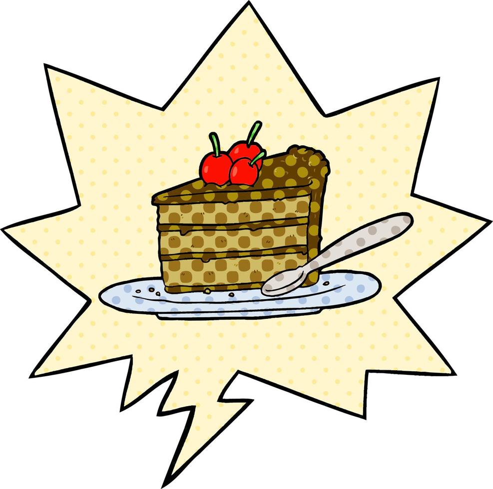 dessin animé cher tranche de gâteau au chocolat et bulle de dialogue dans le style de la bande dessinée vecteur