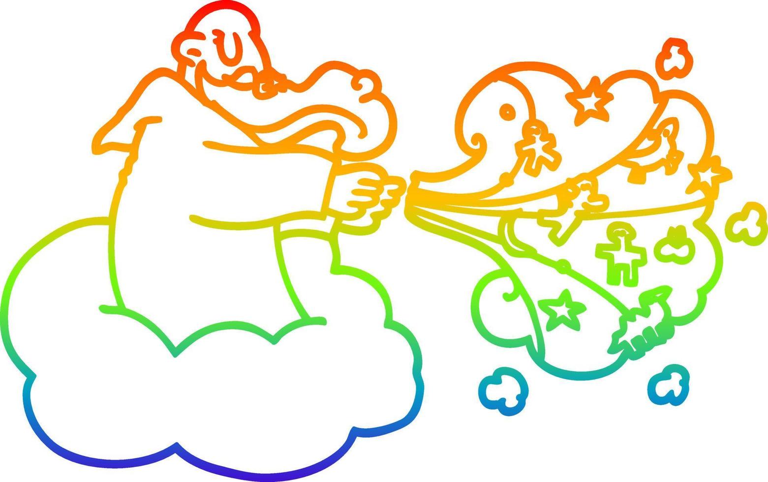 ligne de gradient arc-en-ciel dessinant un dieu de dessin animé sur un nuage vecteur
