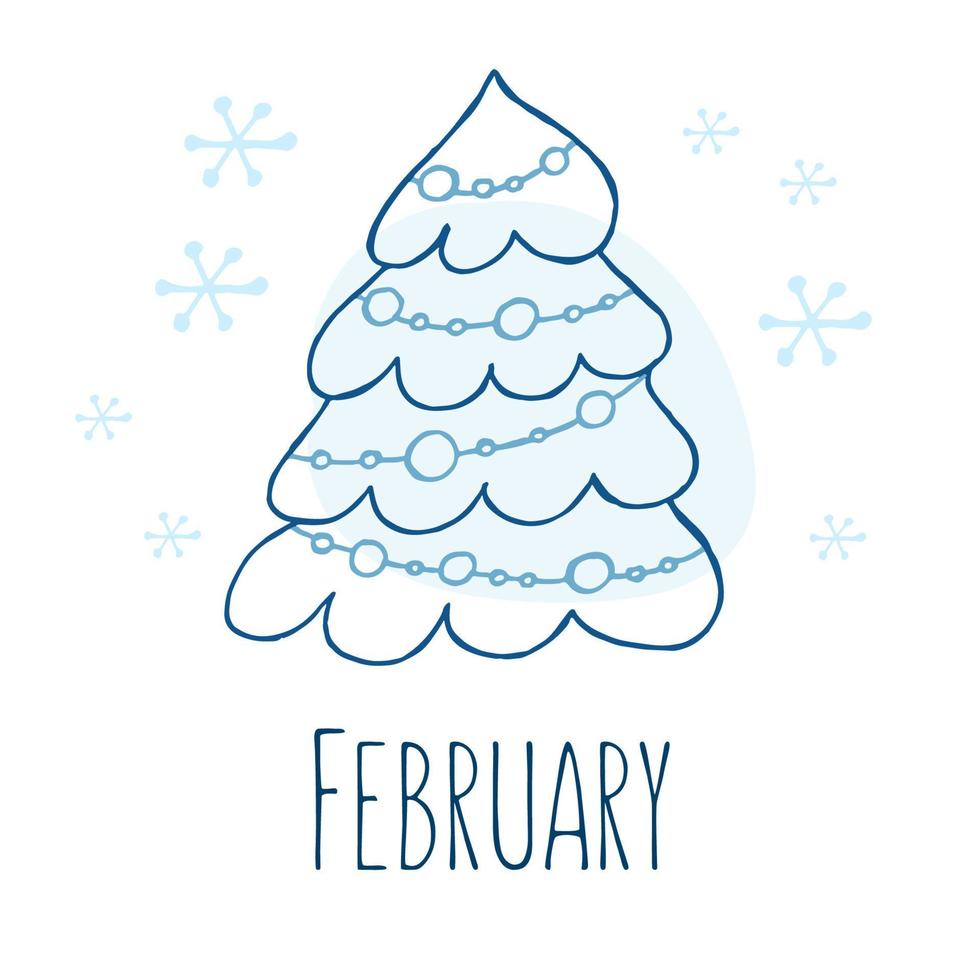 un arbre de Noël dessiné à la main. illustration vectorielle dans un style doodle. humeur d'hiver. bonjour 2023. joyeux noël et bonne année. élément bleu avec des flocons de neige sur fond blanc. vecteur