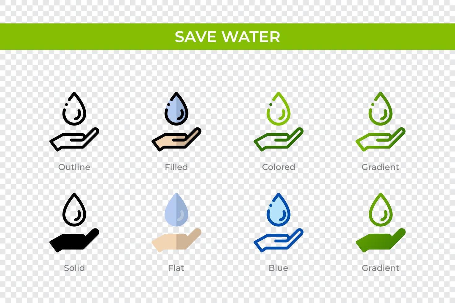 économiser l'icône de l'eau dans un style différent. enregistrer les icônes vectorielles de l'eau conçues dans le style contour, solide, coloré, rempli, dégradé et plat. symbole, illustration de logo. illustration vectorielle vecteur