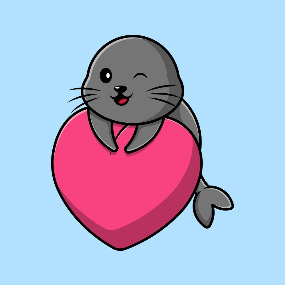 phoques mignons avec illustration d'icône de vecteur de dessin animé d'amour de coeur. concept de dessin animé plat nature animale
