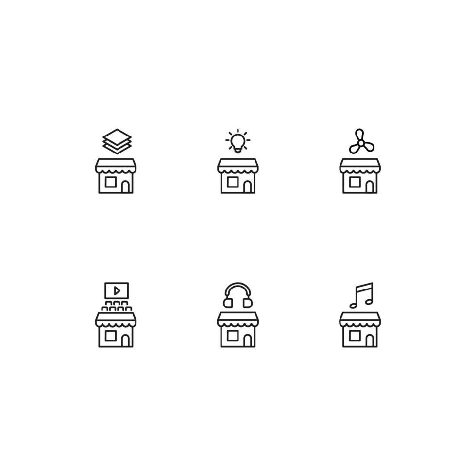 symbole de contour dans un style plat moderne adapté à la publicité, aux livres, aux magasins. icône de ligne sertie d'icônes de papier, ampoule, ventilateur, salle de cinéma, note de musique, casque au-dessus du magasin vecteur