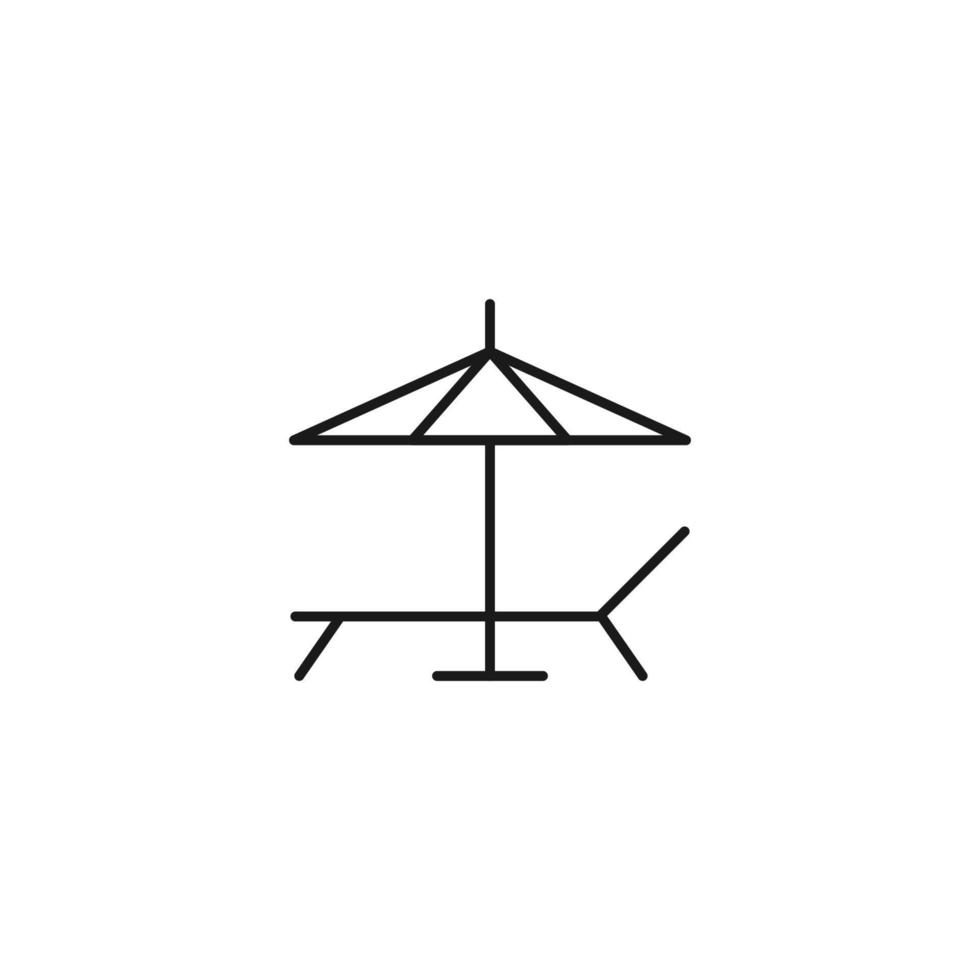 voyage, tourisme, vacances, signe de vacances. symbole vectoriel minimaliste dessiné avec une fine ligne noire. trait modifiable. icône de ligne vectorielle de chaise longue sous parapluie