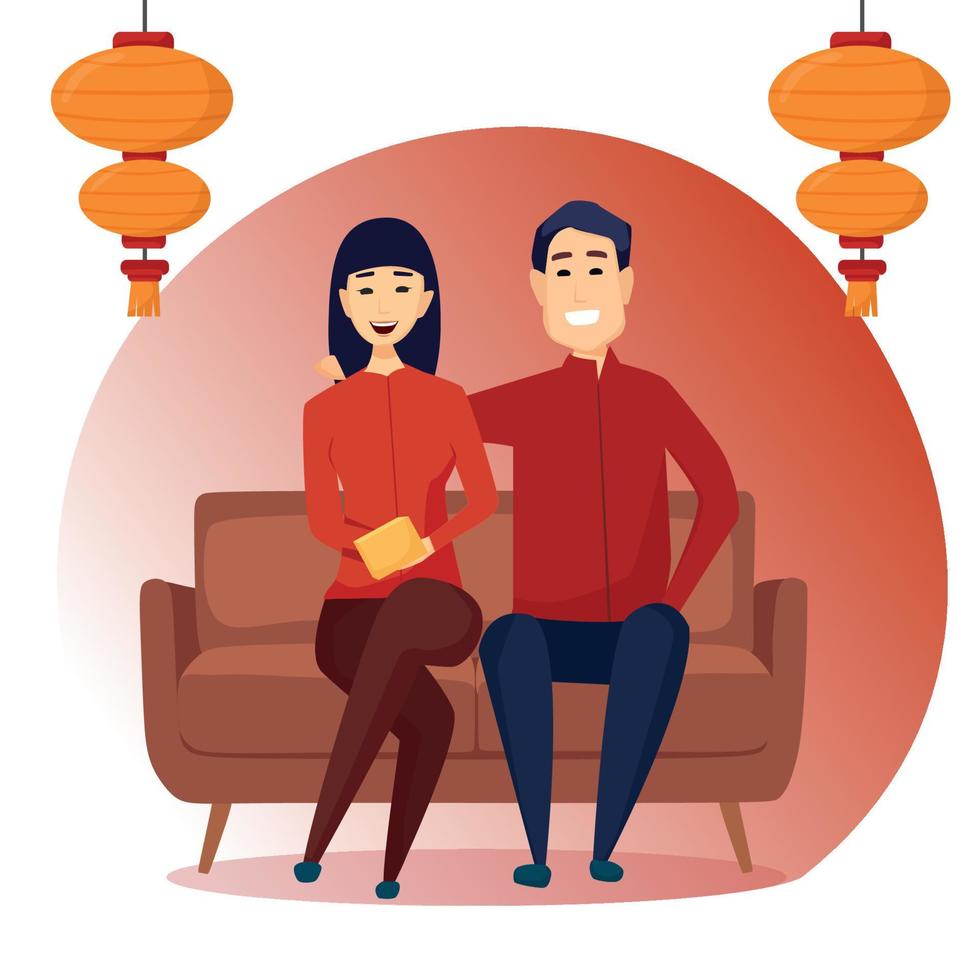 un jeune couple est assis sur le canapé. célébrant le nouvel an chinois. illustration vectorielle. vecteur