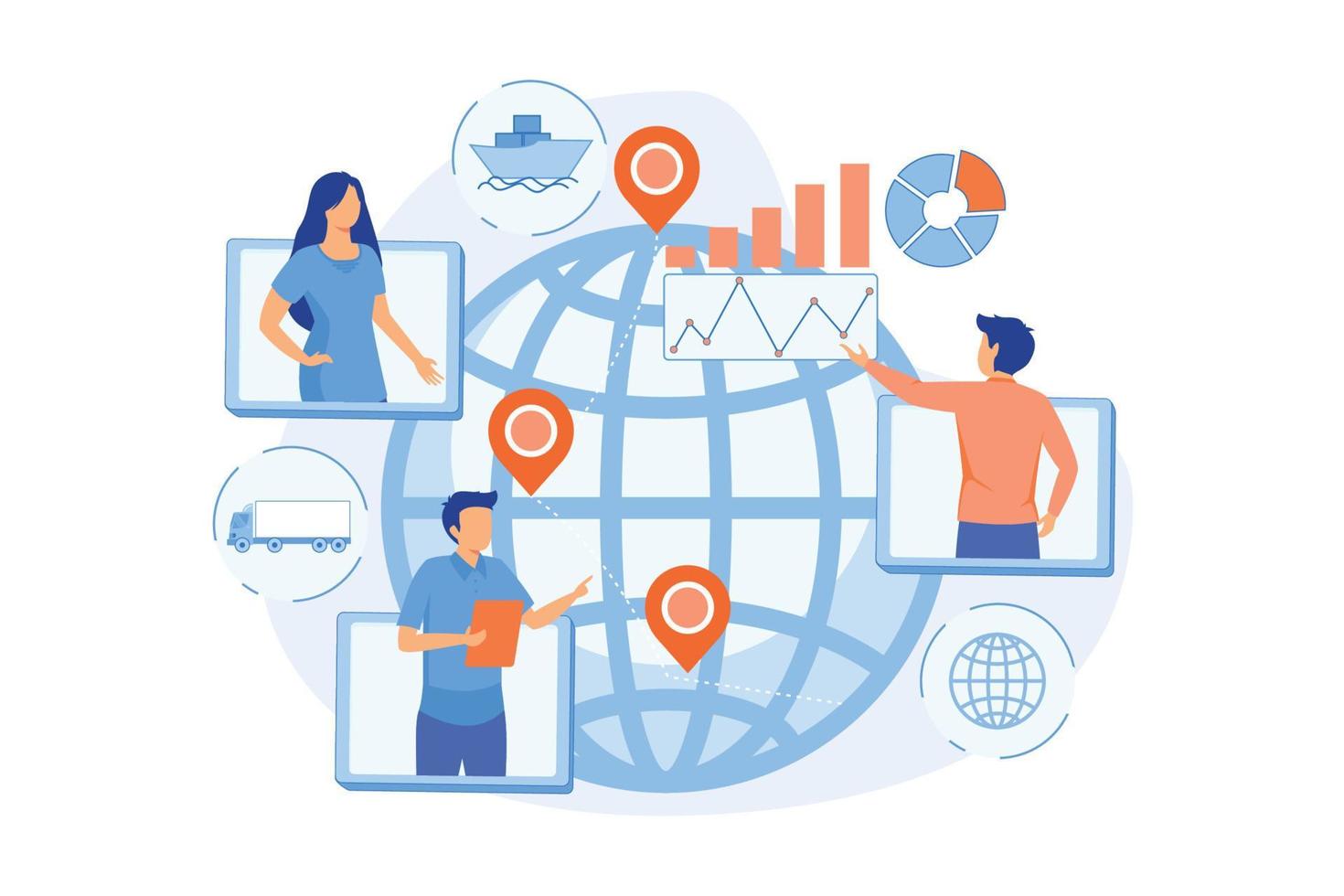 distribution mondiale, société internationale de fret de fret. gestion de la chaîne d'approvisionnement, contrôle des opérations logistiques, rationalisez votre concept logistique. vecteur