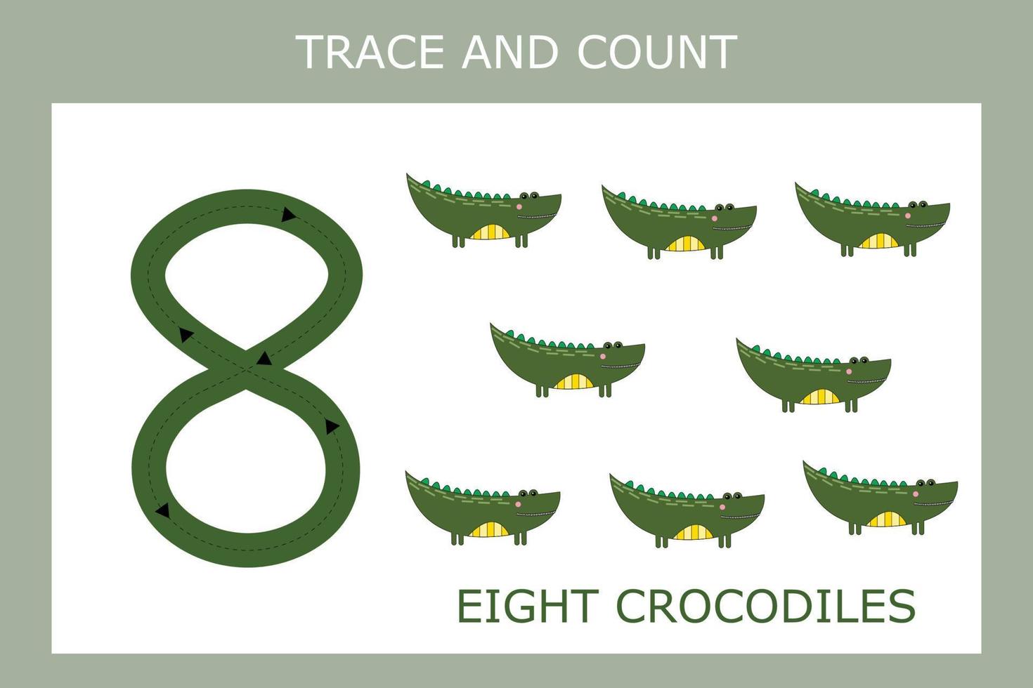 feuille de travail numéro huit avec des crocodiles pour la motricité fine des enfants. jeu éducatif pour les enfants d'âge préscolaire. vecteur