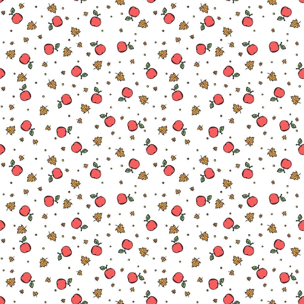 modèle d'automne sans couture avec des pommes et des feuilles. pommes rouges et fond de feuilles d'érable. motif pomme vecteur