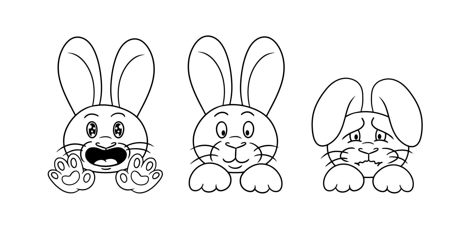 ensemble d'images monochromes, mignons petits lapins en style dessin animé, lapin offensé, lapins mignons moelleux. illustration vectorielle vecteur