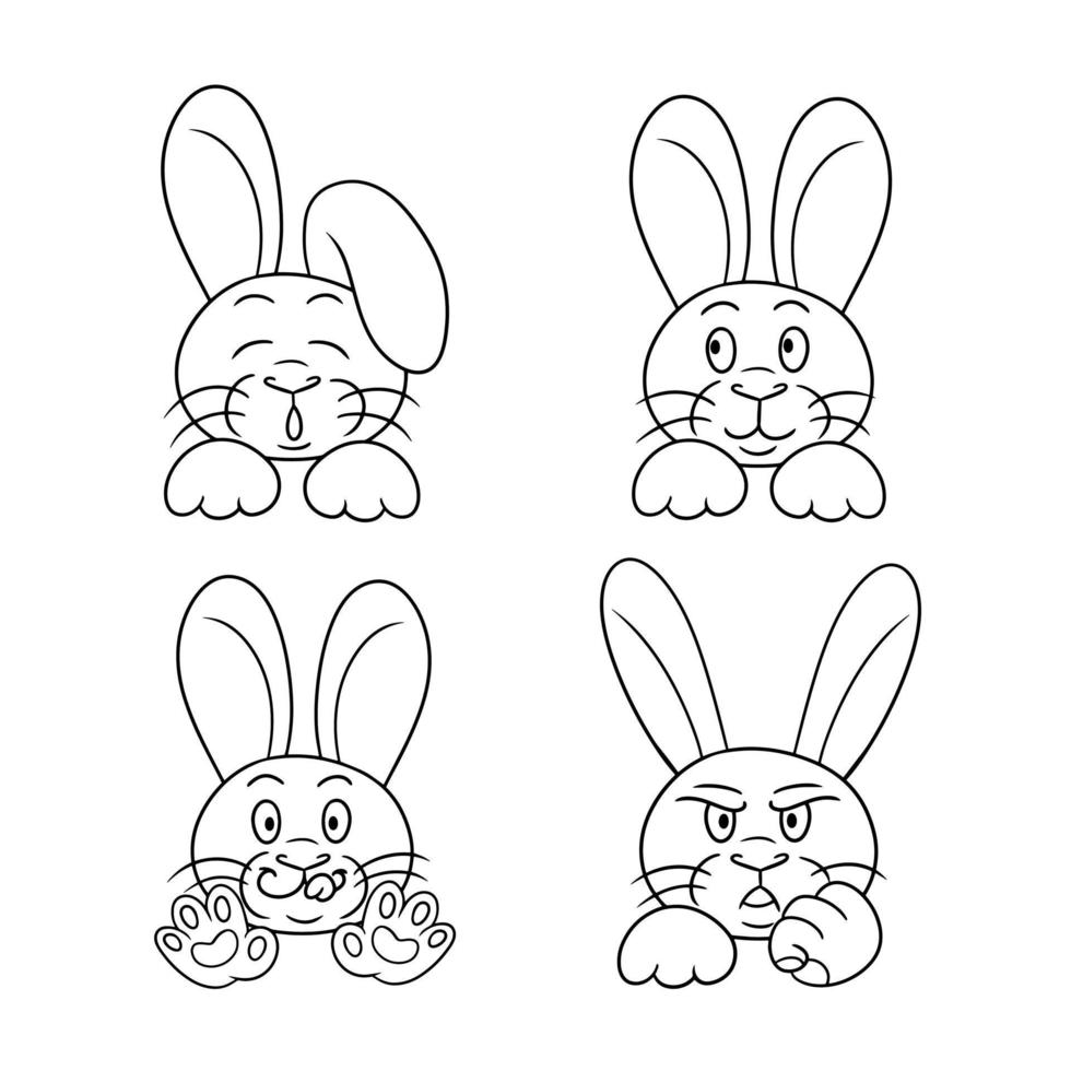 illustration vectorielle, collection de personnages monochromes, mignons petits lapins en style dessin animé, lapin drôle et en colère, lapin dort vecteur