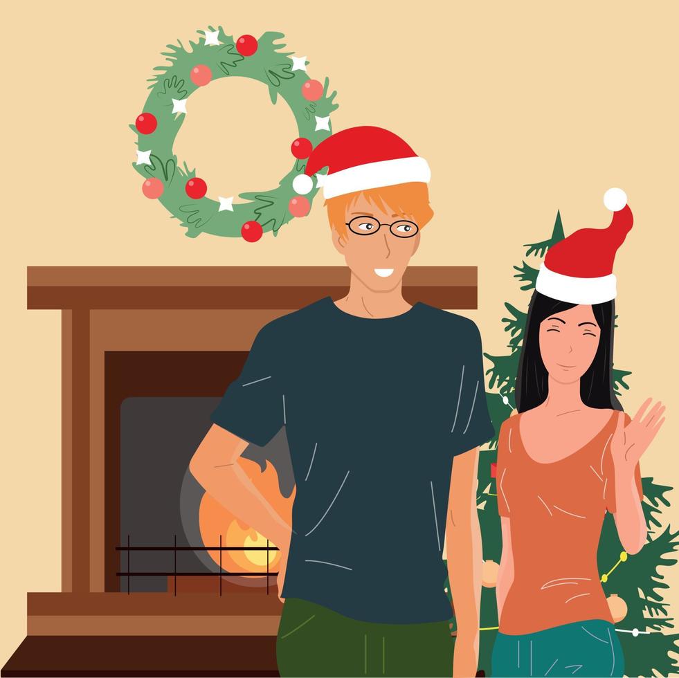 Noël bonheur homme femme. sapin de noël, cadeaux, famille. illustration vectorielle. vecteur