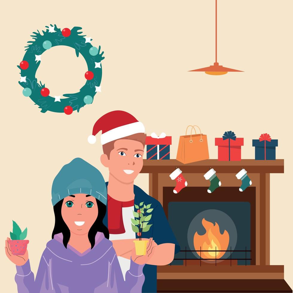 Noël bonheur homme femme. sapin de noël, cadeaux, famille. illustration vectorielle. vecteur