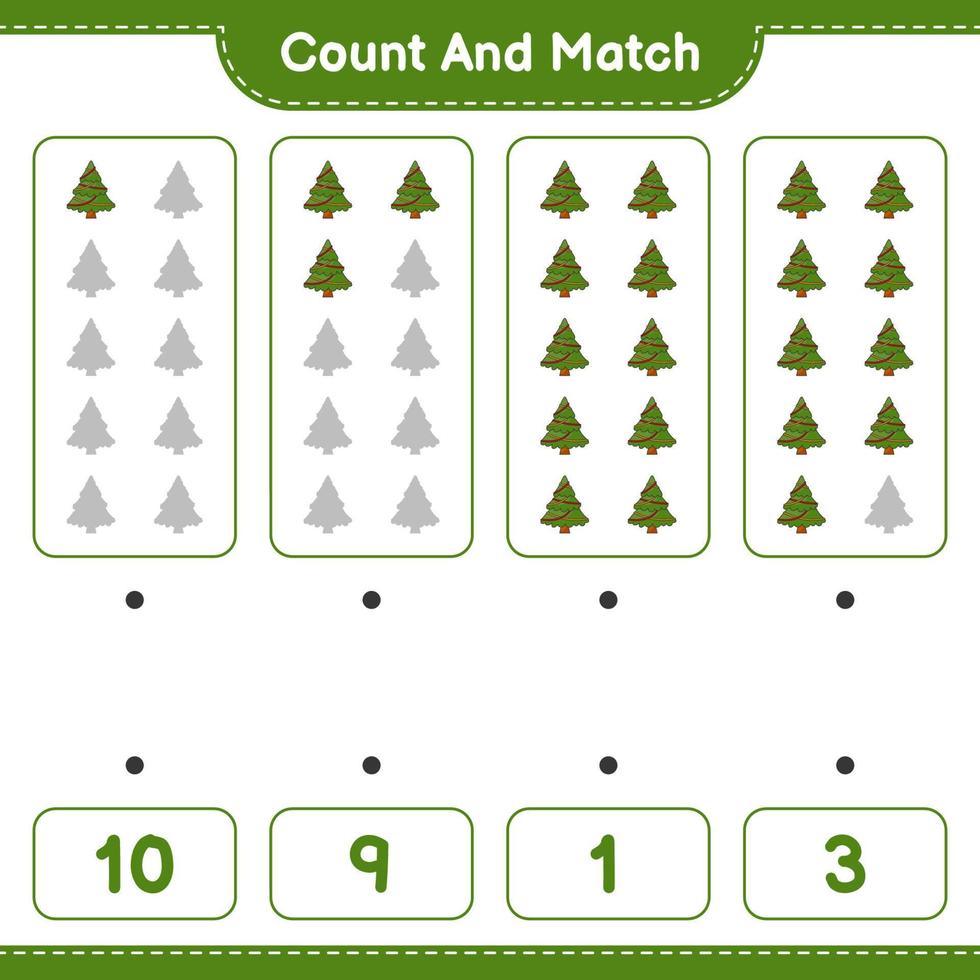 compter et faire correspondre, compter le nombre d'arbres de Noël et faire correspondre les bons numéros. jeu éducatif pour enfants, feuille de calcul imprimable, illustration vectorielle vecteur