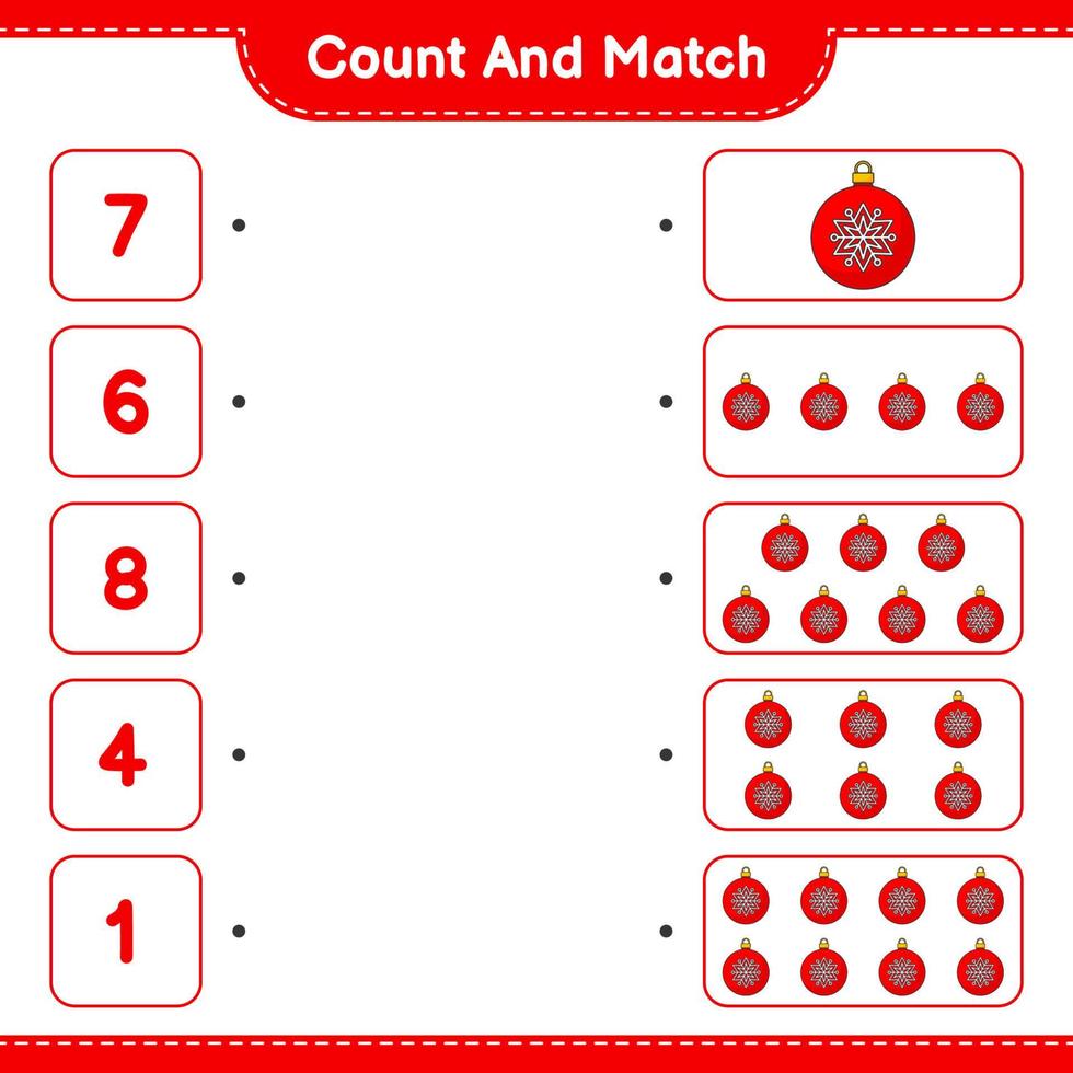 comptez et faites correspondre, comptez le nombre de boules de Noël et faites correspondre les bons numéros. jeu éducatif pour enfants, feuille de calcul imprimable, illustration vectorielle vecteur