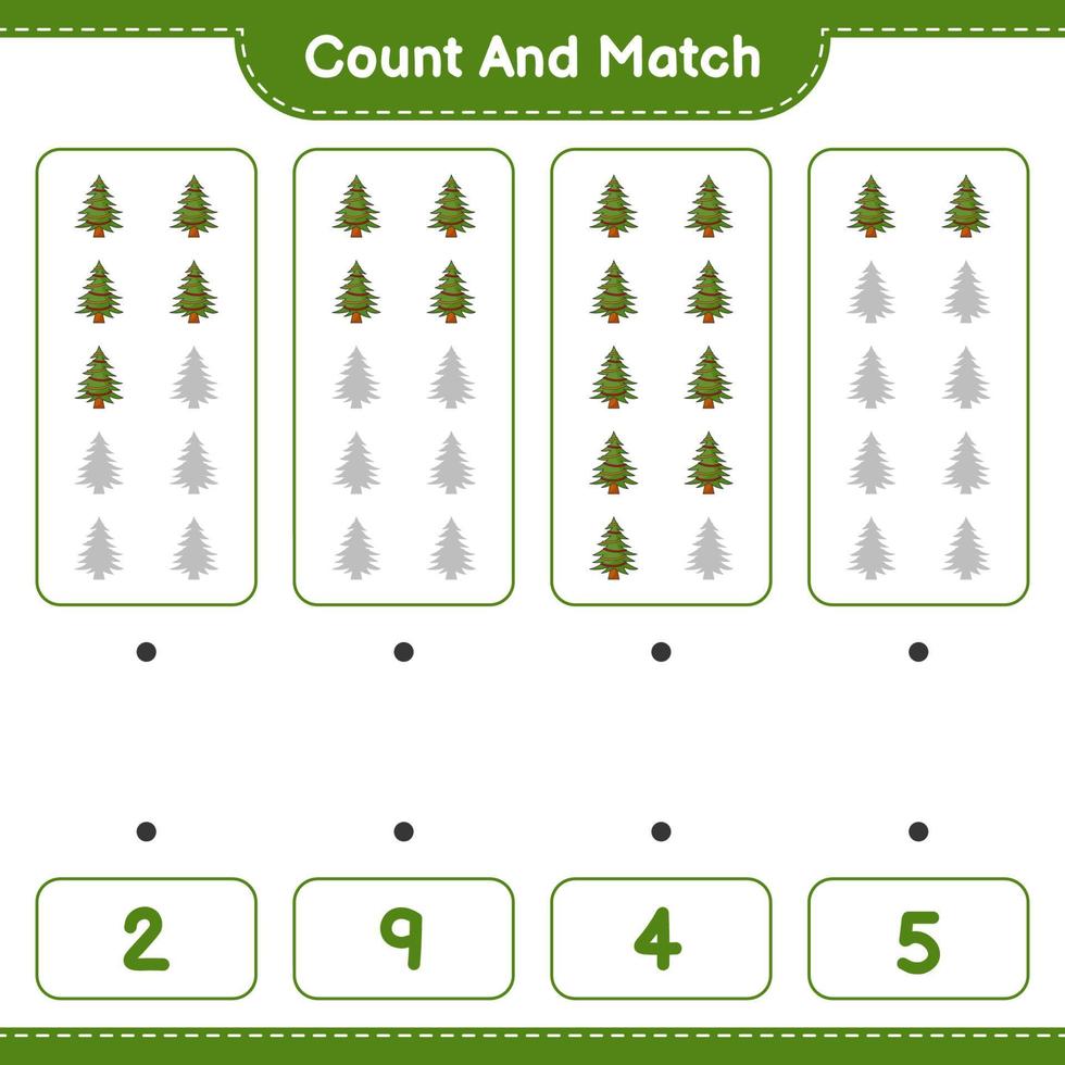 compter et faire correspondre, compter le nombre d'arbres de Noël et faire correspondre les bons numéros. jeu éducatif pour enfants, feuille de calcul imprimable, illustration vectorielle vecteur
