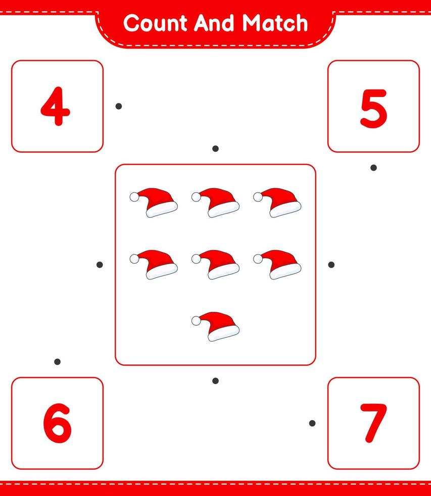 comptez et faites correspondre, comptez le nombre de bonnets de noel et faites correspondre les bons chiffres. jeu éducatif pour enfants, feuille de calcul imprimable, illustration vectorielle vecteur