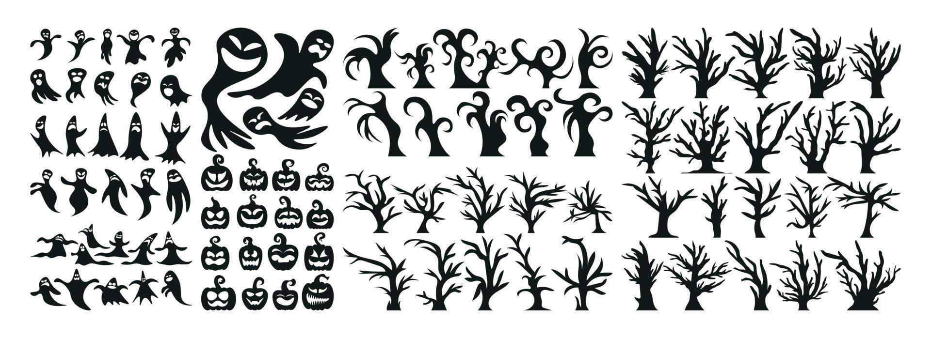 ensemble d'icônes et de personnages de silhouette d'halloween. illustration de vecteur d'halloween isolé sur fond blanc