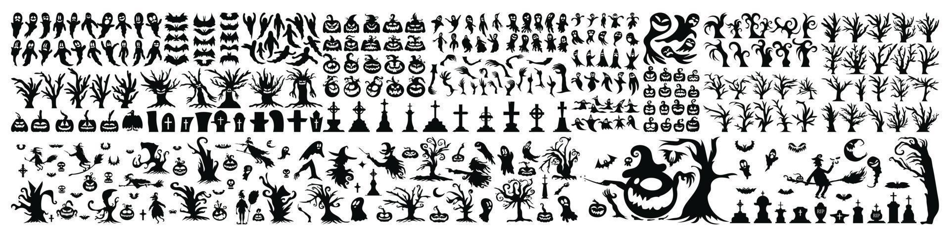 grand ensemble d'icônes et de personnages de silhouette d'halloween. illustration de vecteur d'halloween isolé sur fond blanc. élément d'horreur dessiné à la main