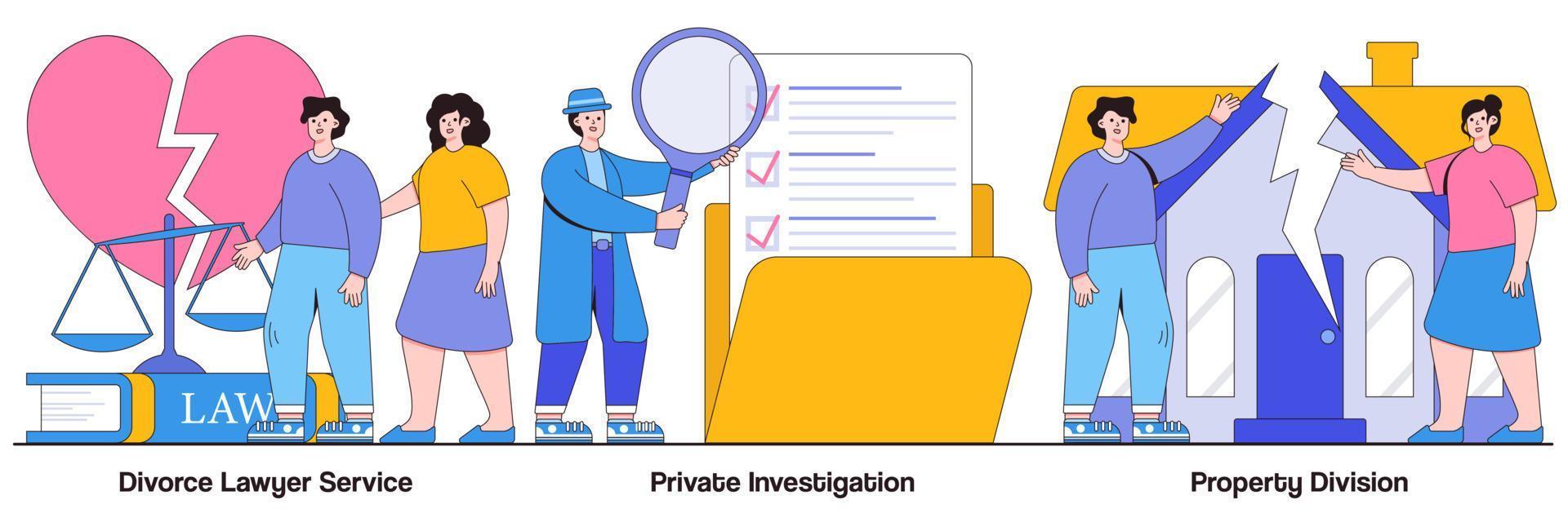 avocat de divorce, enquête privée, concept de division de propriété avec de minuscules personnes. ensemble d'illustrations vectorielles de service juridique et d'enquête. avocat de la famille, agence de détectives, métaphore de la séparation vecteur