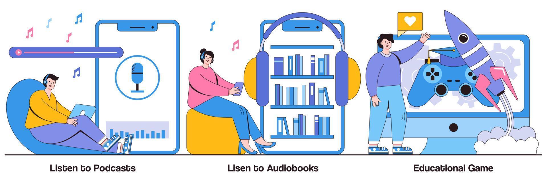 écouter des podcasts et des livres audio, pack illustré de jeux éducatifs vecteur