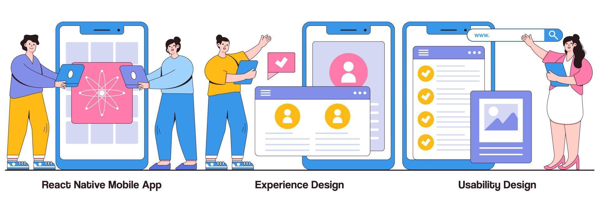 réagissez à l'application mobile native, à la conception de l'expérience, au concept de test d'utilisabilité avec de petites personnes. ensemble d'illustrations vectorielles abstraites du processus de développement d'applications mobiles. interface utilisateur, métaphore de l'architecture logicielle vecteur