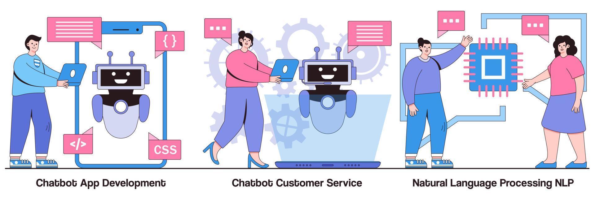 développement d'applications chatbot, service client et pack illustré de traitement du langage naturel vecteur