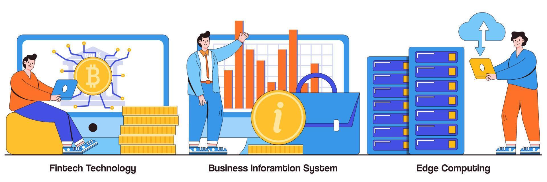 technologie fintech, système d'information d'entreprise, concept d'informatique de pointe avec des personnes minuscules. ensemble d'illustrations vectorielles d'infrastructure informatique et d'intégration technologique. traitement des paiements, métaphore du réseau vecteur