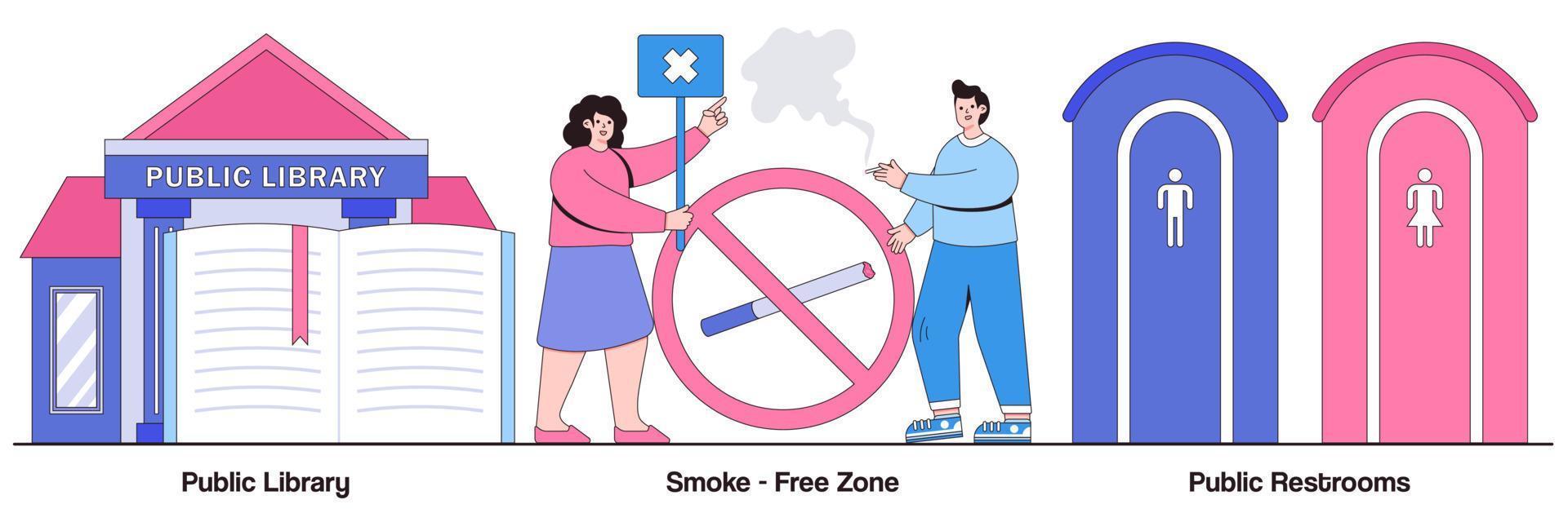 pack illustré zone sans fumée, bibliothèque publique et toilettes vecteur