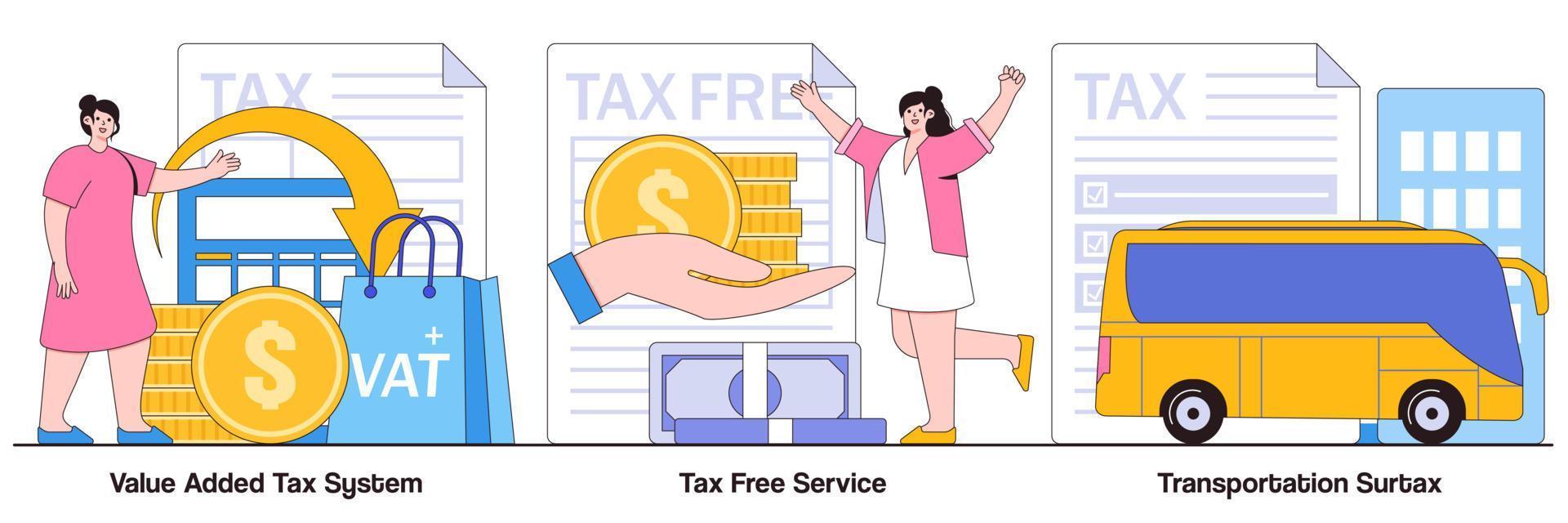 système de taxe sur la valeur ajoutée, service hors taxe et pack illustré de surtaxe de transport vecteur