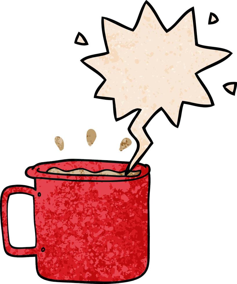 dessin animé camping tasse de café et bulle de dialogue dans un style de texture rétro vecteur