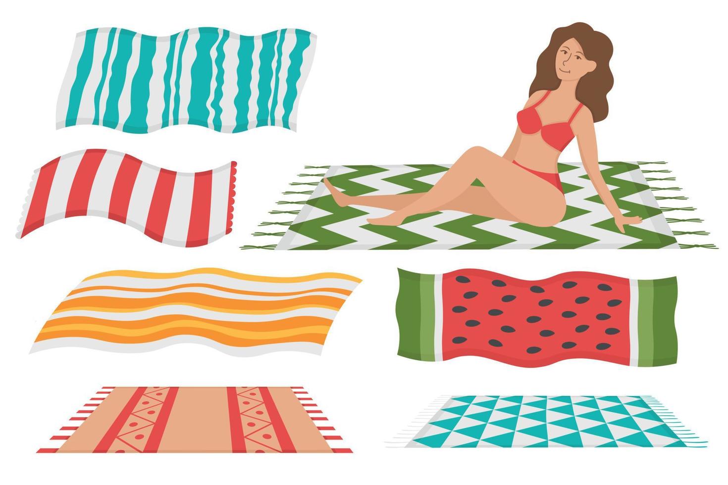 fille avec un ensemble de serviettes de plage pour bronzer. doodle clipart plat. tous les objets sont repeints. vecteur