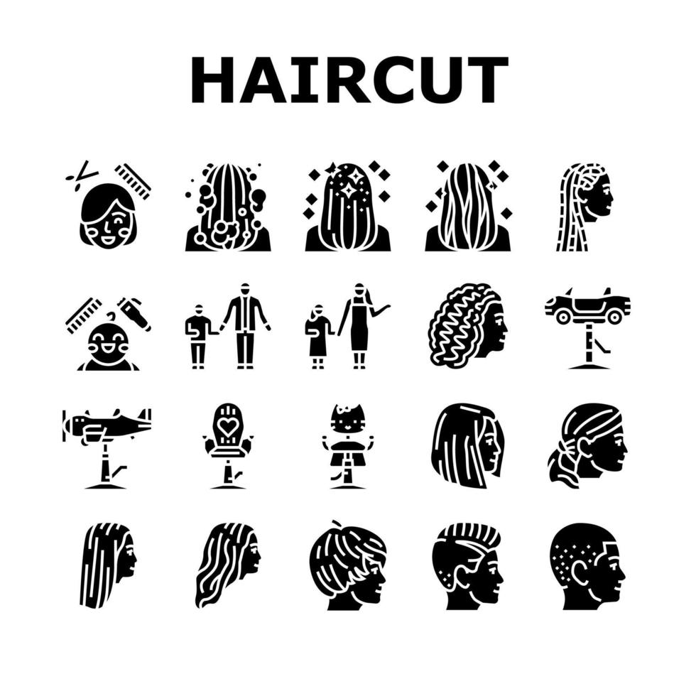 enfants, coupe cheveux, salon, service, icônes, ensemble, vecteur