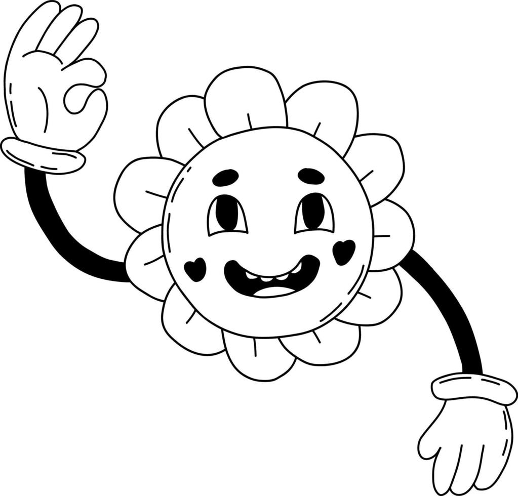 pouvoir de fleur de personnage drôle avec geste de mains gantées ok. illustration vectorielle. doodle linéaire dessiné à la main vecteur