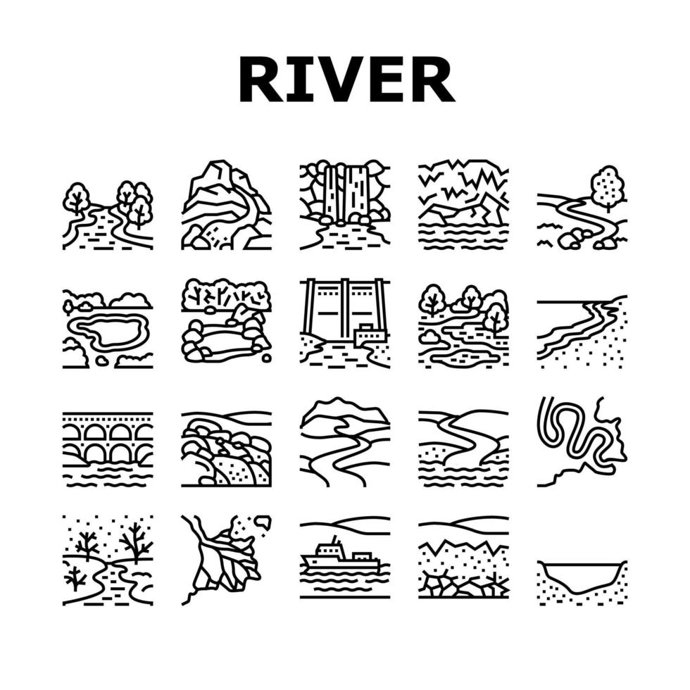 rivière et lac nature paysage icônes définies vecteur