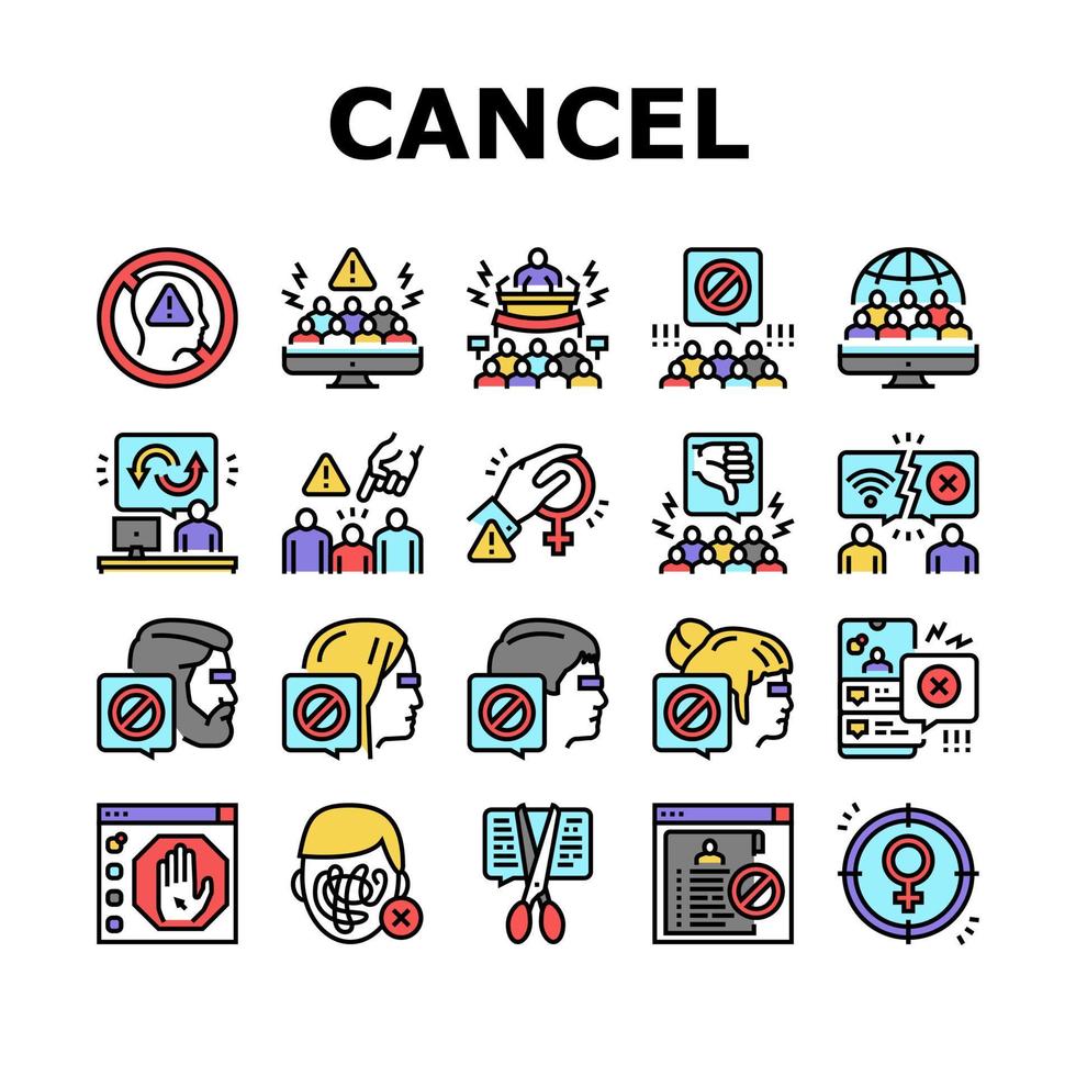 annuler la culture et la discrimination icons set vector