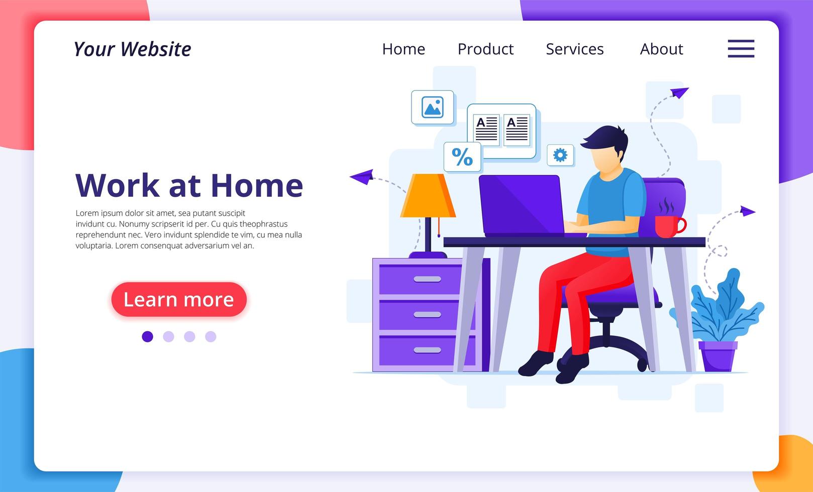 homme, ordinateur portable, fonctionnement, maison, landing page vecteur