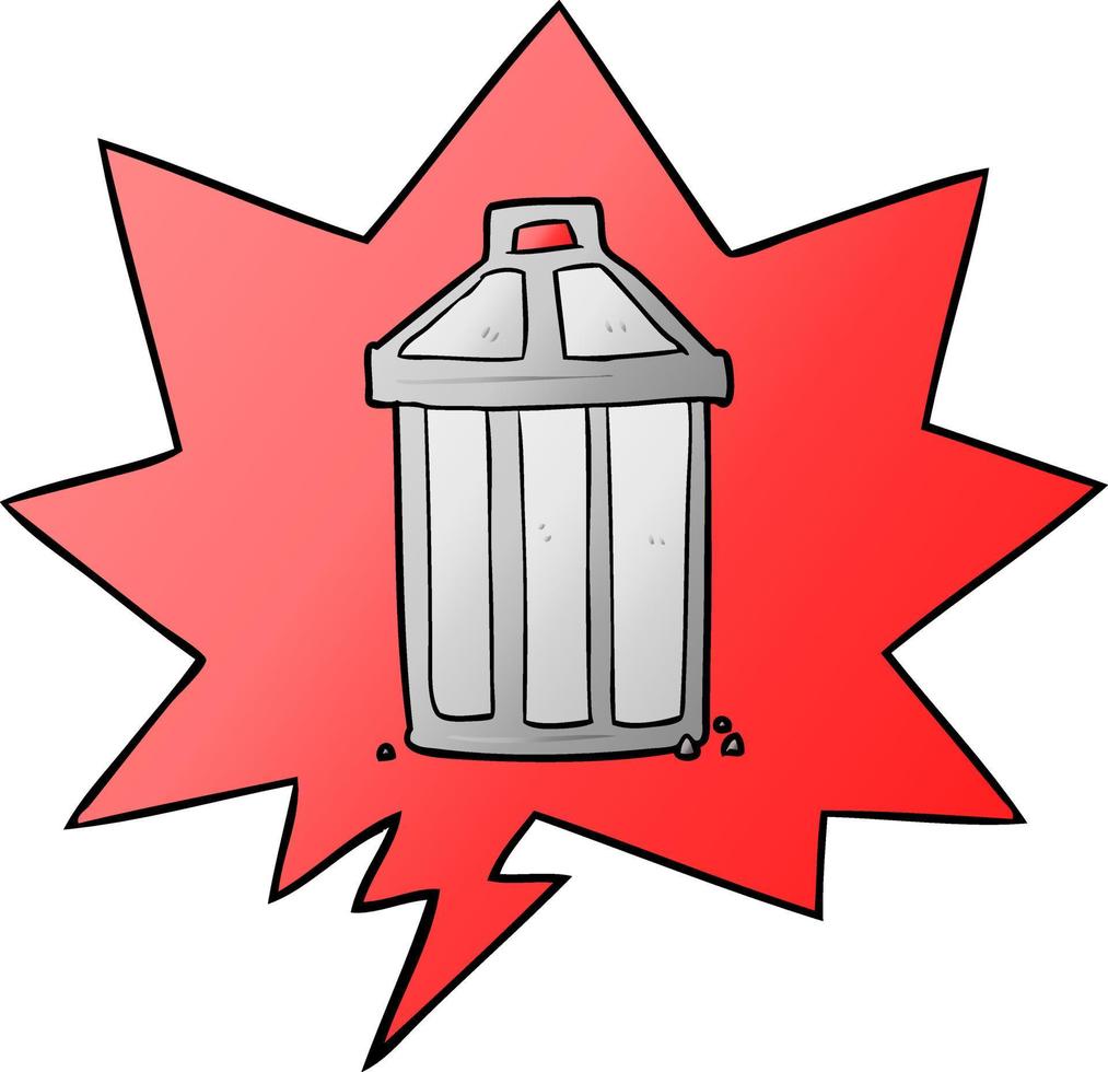 dessin animé vieille poubelle en métal et bulle de dialogue dans un style de dégradé lisse vecteur