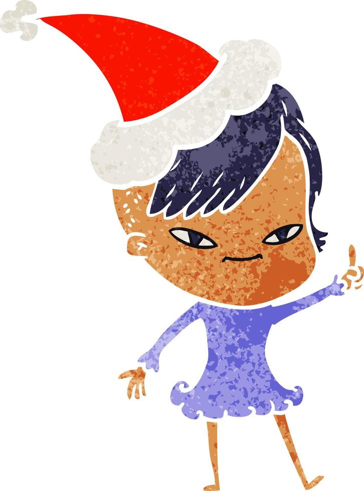 dessin animé rétro mignon d'une fille avec une coupe de cheveux hipster portant un bonnet de noel vecteur