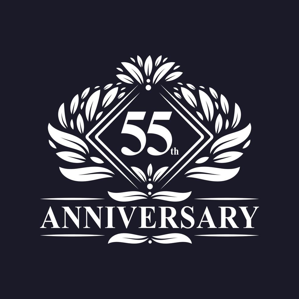 Logo anniversaire 55 ans, logo floral de luxe 55e anniversaire. vecteur